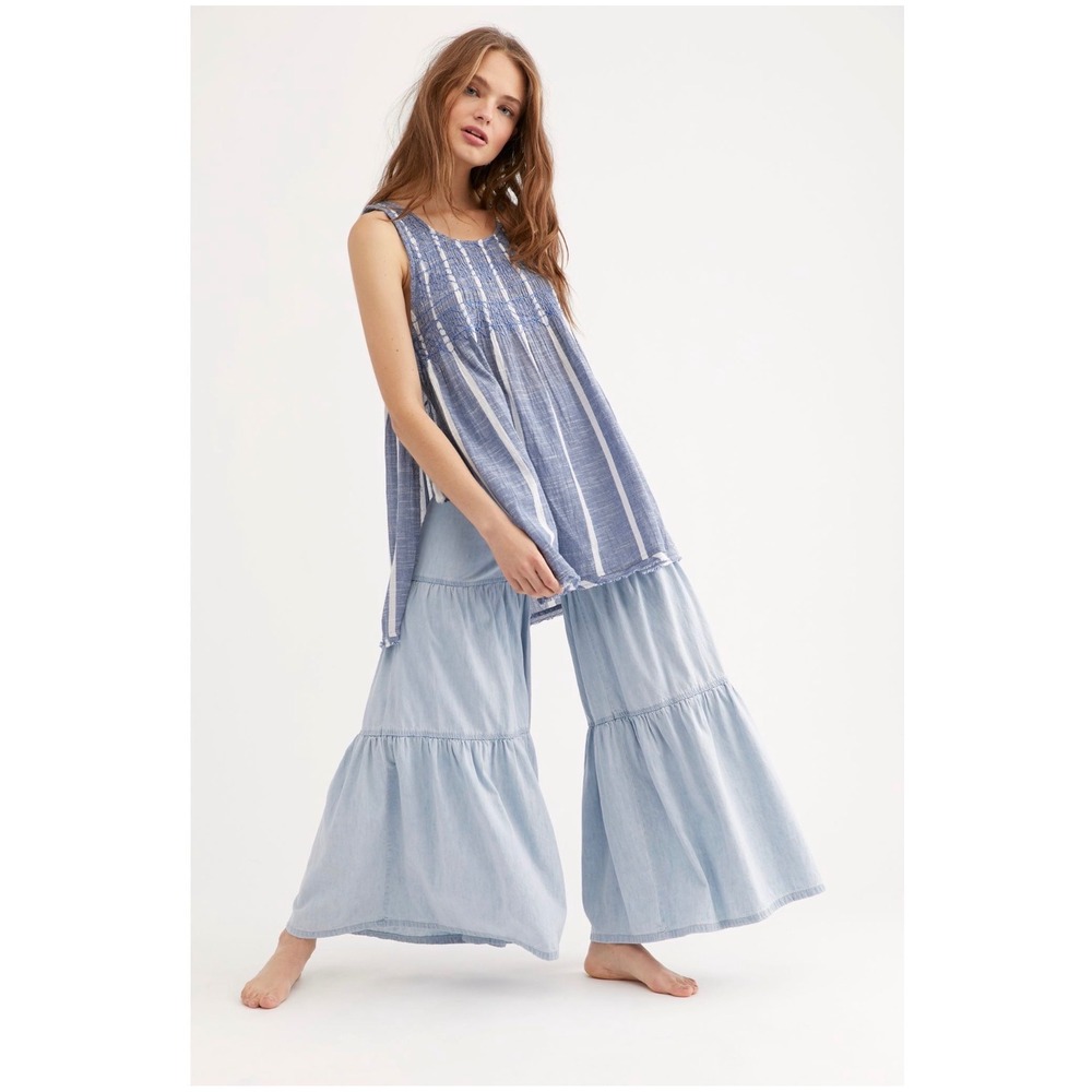 Free People Open Side Obi Posey Smock Top Blue White Striped Tassel Tie Small